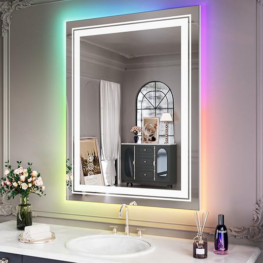 Snowdool LED Mirror for Bathroom, 28"X36" with 8 RGB Backlit +3 Front Lit (Adjustable Individually), Anti-Fog, Lighted Bathroom Vanity Mirror for Wall, Shatterproof, Memory Function, Tempered Glass