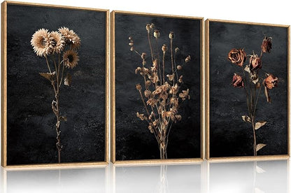 Aryroi Large Moody Dark Floral Framed Canvas Wall Art Set,Vintage Mid Century Dried Flower Wall Decor,Modern Boho Wildflower Botanical Artwork for Living Room,Bedroom,Farmhouse- 24"x36"x3