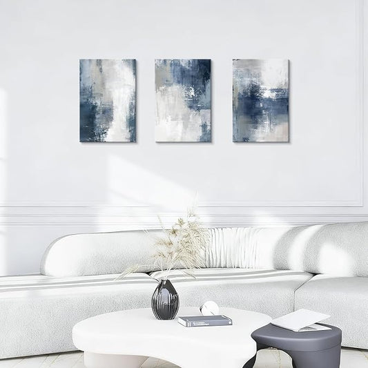 WENGTIAO 3 Pcs Navy Blue Abstract Canvas Wall Art Prints Modern Minimalist Blue Gray Artwork for Walls Framed White Neutral Poster Paintings Decor for Living Room Bedroom Bathroom Office 16x24x3Pcs