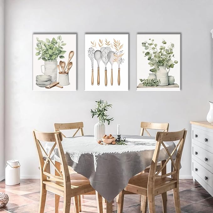 AOYUSMO 3 Piece Canvas Wall Art Kitchen Wall Art Sage Green Pictures Botanical Paintings Farmhouse Artwork Eucalyptus Nature Art Prints for Dining Room 16"x24"