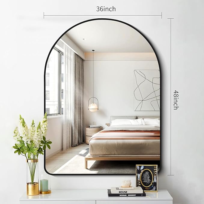 FORBATH Arched Mirror 36x48 Inch, Bathroom Mirror Wall Mounted Modern Black Aluminum Alloy Frame Decor Large Dresser, for Bedroom Living Room Entryway, Hanging or Leaning Against Wall
