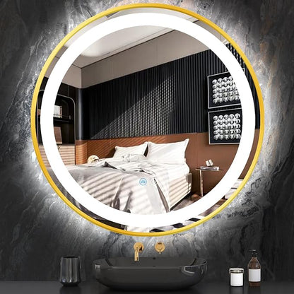 28 Inch Gold Round Vanity Mirror with Lights Gold Frame Circle Lighted Mirror for Bathroom Salon Wall 28" Golden Circle Round LED Light up Mirrors Smart Touch Memory 3 Color Dimmable AntiFog
