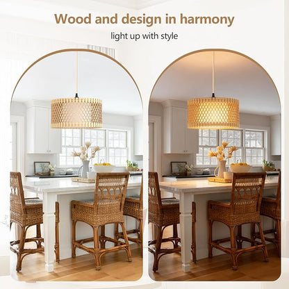 ZSLAIFU Hanging Lamp Plug in Pendant Light, 15FT Hanging Lights with Plug in Cord, Hanging Light with Bulb and Remote, Wood Shade Hanging Lamps for Bedroom, Living Room, Kitchen, Farmhouse