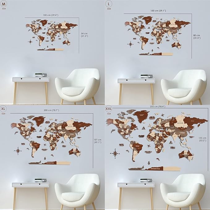 Colorfull Worlds, Multilayer 3D Wooden World Map, Travel Map States and Capitals, Wall Decor For New House, Gift For Travelers, Office Decor, Birthday Present, Living Room Decoration (XL, Betül)