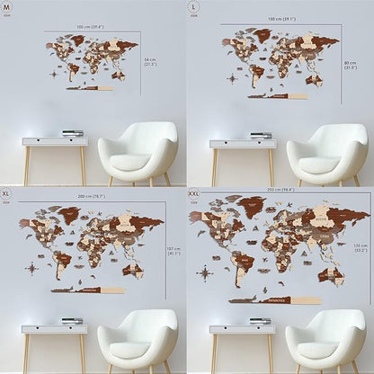 Colorfull Worlds, Multilayer 3D Wooden World Map, Travel Map States and Capitals, Wall Decor For New House, Gift For Travelers, Office Decor, Birthday Present, Living Room Decoration (XL, Betül)