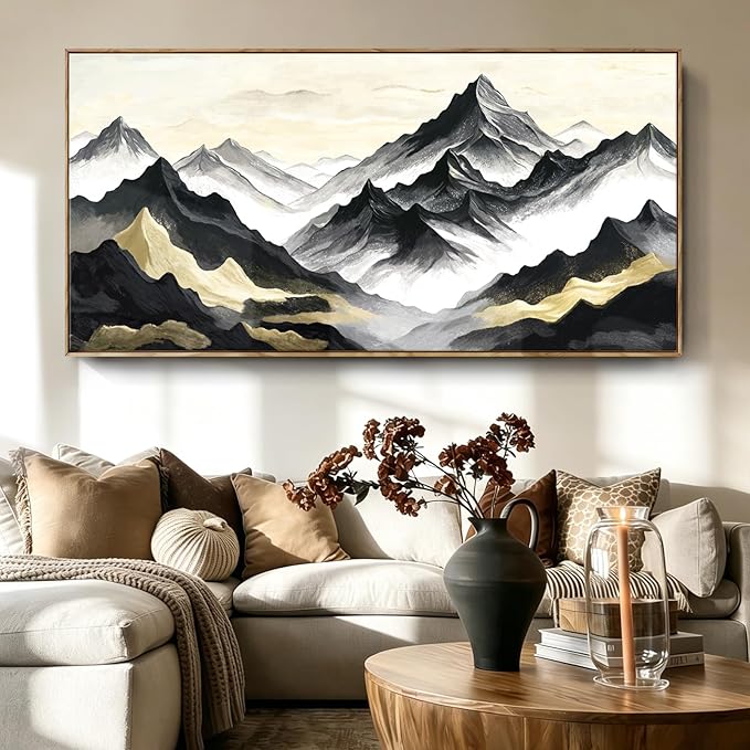 Extra Large Framed Natural Abstract Living Room Wall Art, Black White And Gold Mountain Canvas Wall Decor, Modern And Elegant Landscape Print Picture For Dining Rooms, Bedrooms, Lounges, Offices, And Hallways. 58X29 Inches.