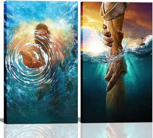 2 Pcs Framed Jesus wall art The Hand of God Jesus Reaching Into Water Christ Religion Canvas Wall Decor Blue Ocean Bible Pictures Posters Prints Paintings for Living Room Bedroom Church Decorations