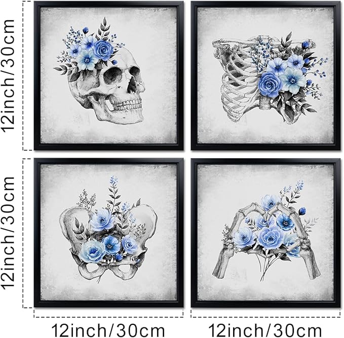 KREATIVE ARTS 4-Piece Gothic Skull Canvas Wall Art Set with Black Frame, 12x12 Each, Grey and Blue Floral Skeleton Anatomy Prints Framed Artwork Ready to Hang