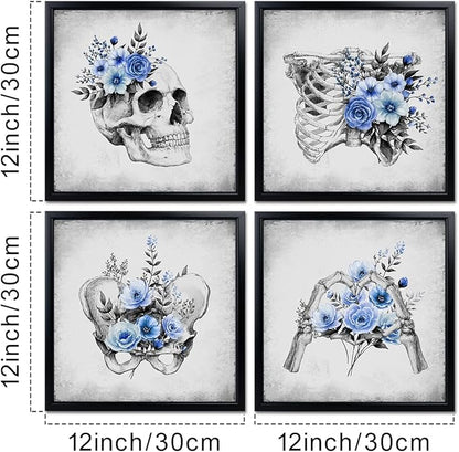 KREATIVE ARTS 4-Piece Gothic Skull Canvas Wall Art Set with Black Frame, 12x12 Each, Grey and Blue Floral Skeleton Anatomy Prints Framed Artwork Ready to Hang