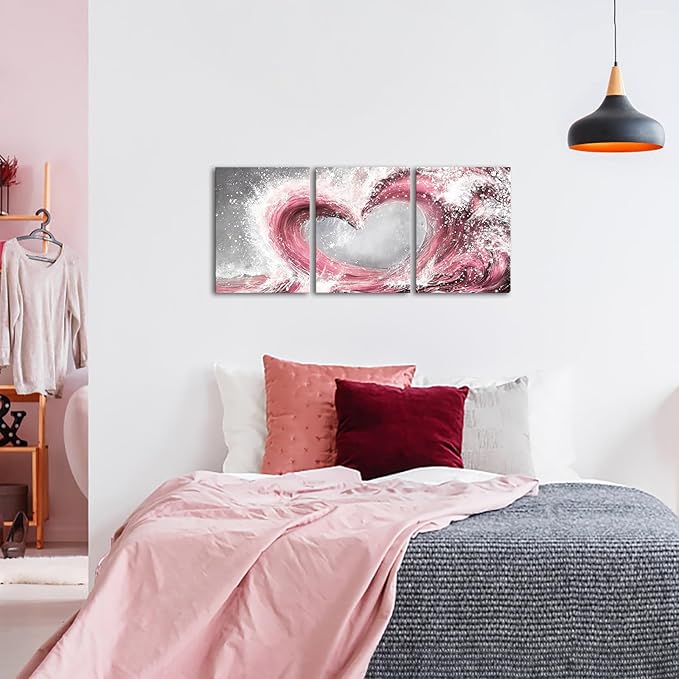 HOMEOART Bedroom Wall Art Ocean Wave Painting Love Sign Wall Decor Framed Artwork Bathroom Bedroom Living Room Decor (Pink)