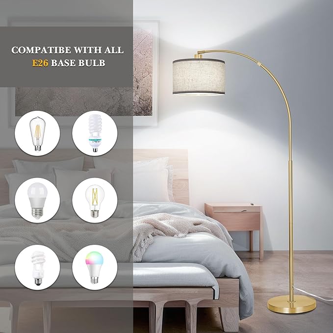 DWTB Gold Arc Floor Lamp for Living Room, Floor Lamp with Adjustable Drum Lampshade, Modern Tall Standing Lamp with Foot Switch, Over Couch Arched Pole Lamps for Reading Bedroom, 8W LED Bulb Included