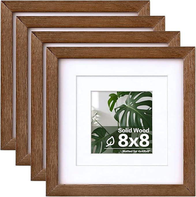 Egofine 8x8 Picture Frame Made of Solid Wood with Plexiglass, Display Pictures 4x4/6x6 with Mat or 8x8 Without Mat Set of 4 for Tabletop and Wall Mounting, Walnut Brown