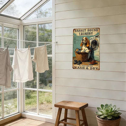 Retro Metal Poster Basset Hound Laundry Wash And Dry Metal Tin Signs Vintage Plaque Wall Decor Gift for Office Club Bar Home Kitchen 12x8 Inch