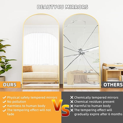 Beauty4U 79" x 39" Large Arched Full Length Mirror with Stand, Metal Frame Gold Wall Mounting Full Body Tempered Mirror for Living Room, Bedroom