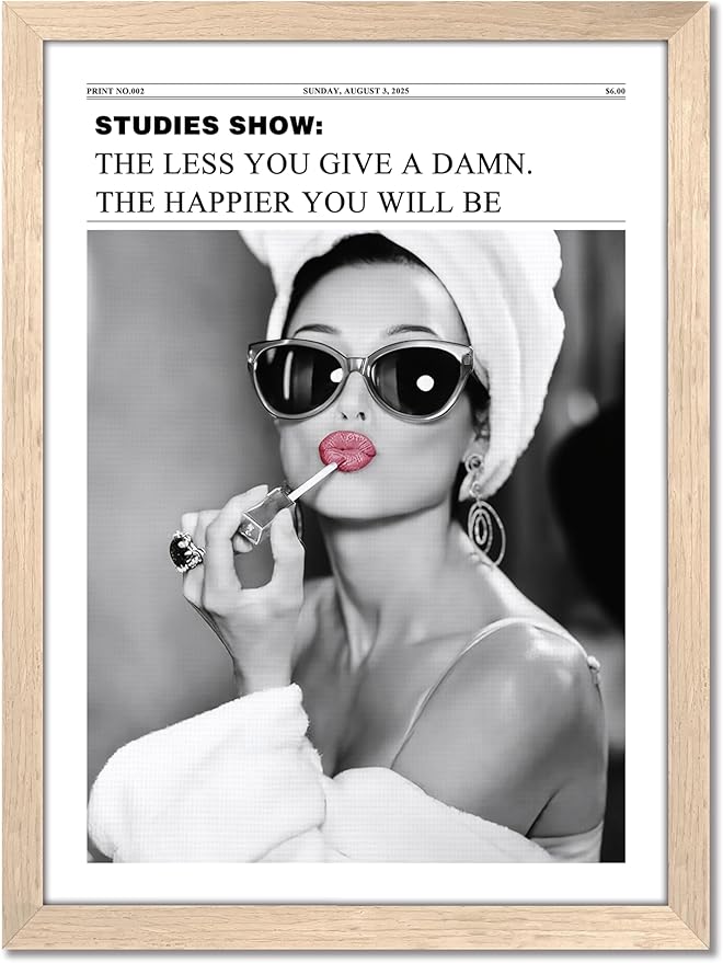 Vintage Black and White Trendy Newspaper Wall Art, Positive Headline Canvas Bedroom Wall Decor, Bathroom Poster Print Picture, Girly Apartment Dorm Room Decor Painting16x24 inch Light Wood Framed
