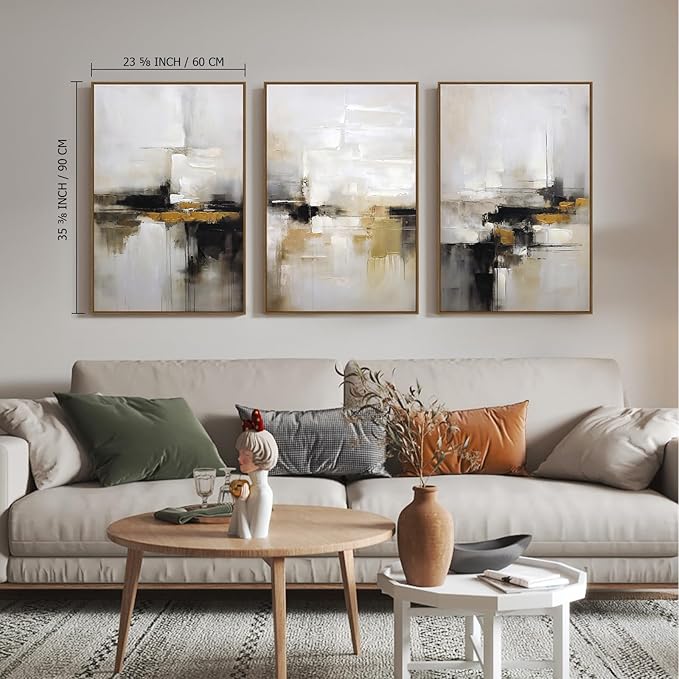 Neutral Abstract Wall Decor Mid Century Modern Framed Wall Art, Black and Brown Grunge Wabi Sabi Art Print Canvas Set for Home Office Living Room Bedroom, 3 Panels, 24x36 Inch, Ready to Hang