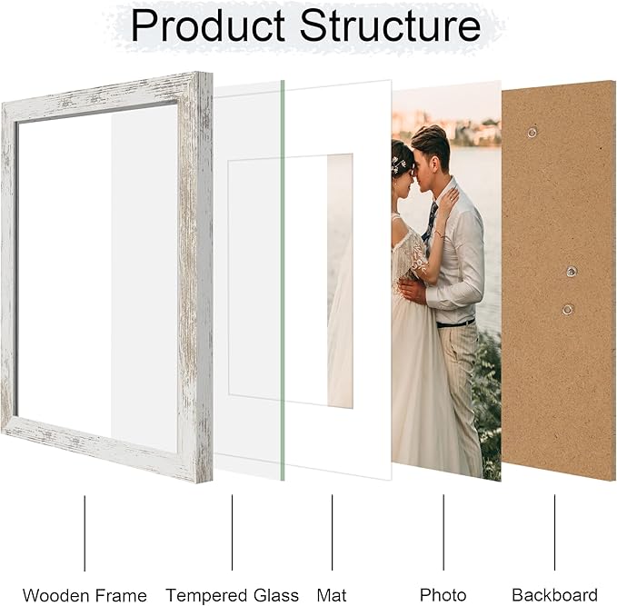 iRahmen 11x14 Picture Frame with Mat 8x10 - High Definition Tempered Glass Wooden Photo Frames for Wall Mounting (Distressed-White, Set of 2)