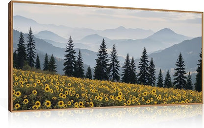 HPNIUB Mountain Sunflowers Landscape Framed Wall Art Set Nature Pine Tree Wall Decor,Boho Misty Forest Art Print Rustic Wildflower Painting Artwork for Living Room, Bedroom,Office-20''x40''