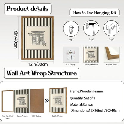 Vintage Striped Bookshop Wall Art, Retro Black and White Pictures Wall Decor College Minimalist Canvas Prints Paintings for Bathroom Bedroom Living Room 12x16 inch Framed