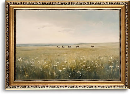 WZGZXU Vintage Gold Framed Wall Art Horse Canvas Art Wild Horses In Field Pictures Wall Decor Farmhouse Prints Country Paintings Landscape Artwork For Living Room Bedroom Gallery 16x24in