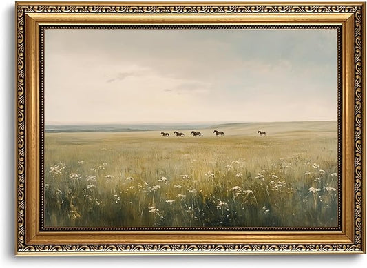 WZGZXU Vintage Gold Framed Wall Art Horse Canvas Art Wild Horses In Field Pictures Wall Decor Farmhouse Prints Country Paintings Landscape Artwork For Living Room Bedroom Gallery 16x24in