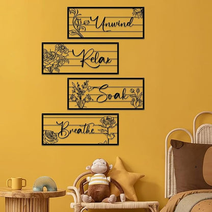 ShxTrade 4 Pieces Black Metal Bathroom Wall Decor - Unwind Relax Soak Breathe Wall Art with Floral Silhouette, Modern Minimalist Line Art Signs for Bathroom, Spa, Rustic Farmhouse Wall Decorations