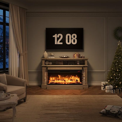 QUW Fireplace TV Stand for TVs up to 65", Farmhouse 52" Fireplace Entertainment Center with 36" 3-Side Glass Electric Fireplace, TV Console with Open Storage Shelves for Living Room, Grey