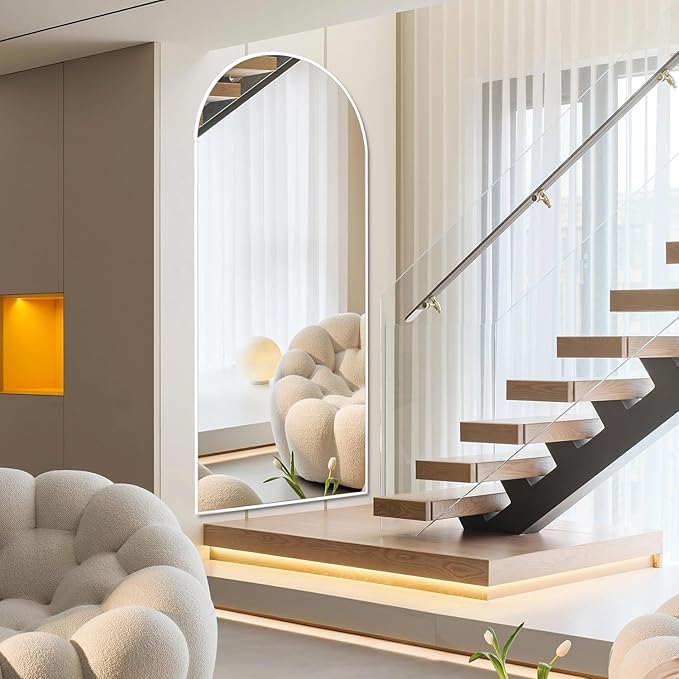 Rowjut Floor Mirror Arched Full Length Mirrors, 64"x21" Floor Length & Standing Hanging or Leaning & Large Full Body Mirror Wall Mirror for Bedroom, Living Room, Aluminum Frame,White