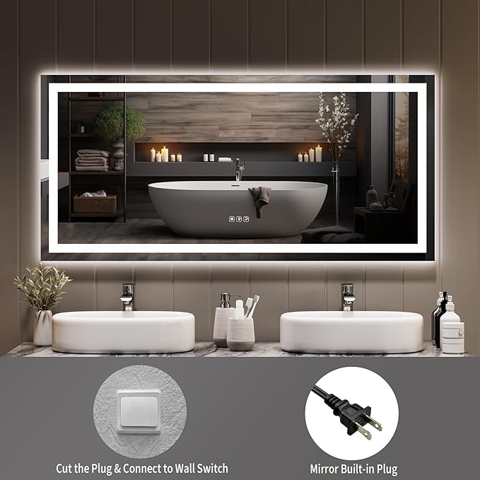 GarveeHome 60x30 LED Bathroom Mirror with Lights, Dimmable, Anti-Fog, Backlit + Front Lit, Lighted Bathroom Vanity Mirror for Wall, Memory Function, Tempered Glass, Shatter-Proof (Horizontal/Vertical)