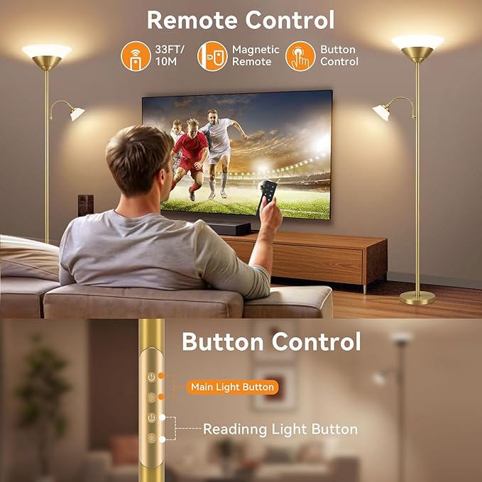 SIBRILLE 2-in-1 Torchiere Floor Lamp, 34W Super Bright LED Standing Lamp with Remote & Touch Control, 72" Dimmable Adjustable Corner Reading Lamp for Living Room, Bedroom, Office, Gold
