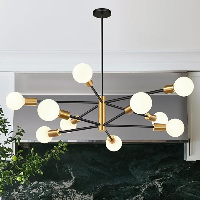 10.9"-52.3" Height Adjustable Modern Chandelier Ceiling Light Fixture, 10-Light Sputnik Chandeliers Brushed Gold and Black Dining Room Light Fixture, Chandeliers for Dining Room (Bulbs Not Included)