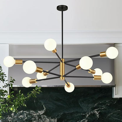 10.9"-52.3" Height Adjustable Modern Chandelier Ceiling Light Fixture, 10-Light Sputnik Chandeliers Brushed Gold and Black Dining Room Light Fixture, Chandeliers for Dining Room (Bulbs Not Included)