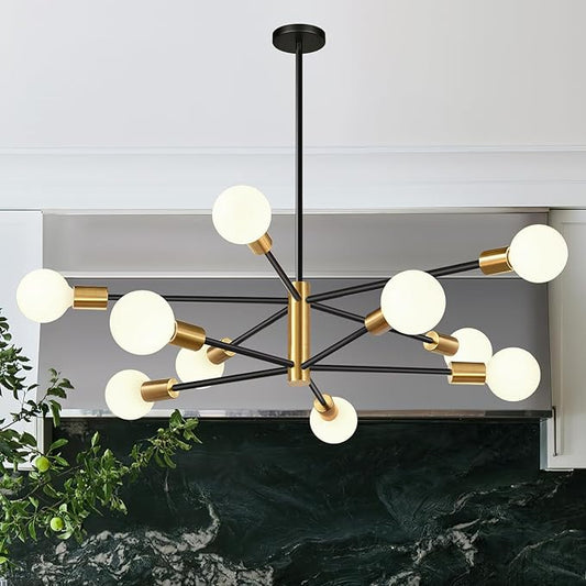10.9"-52.3" Height Adjustable Modern Chandelier Ceiling Light Fixture, 10-Light Sputnik Chandeliers Brushed Gold and Black Dining Room Light Fixture, Chandeliers for Dining Room (Bulbs Not Included)