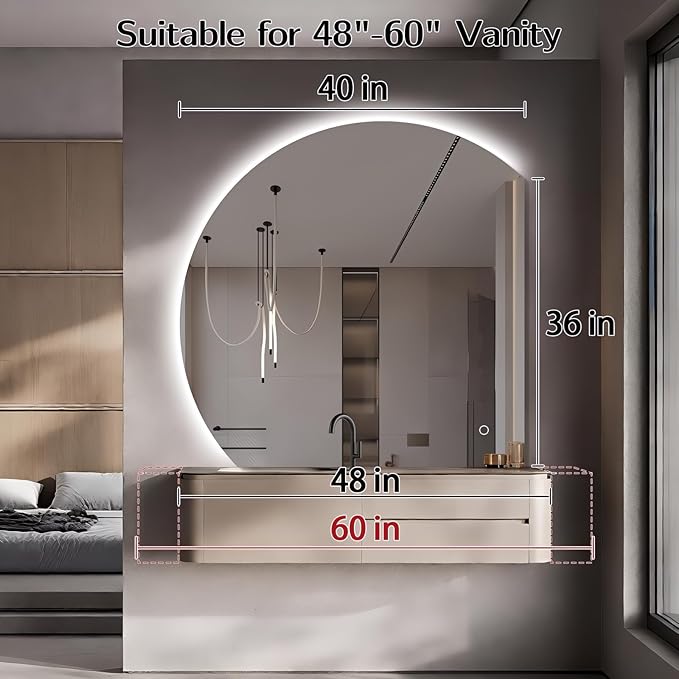 Niccy 40" LED Bathroom Mirror with Lights, Half Moon Led Mirrors, Irregular Backlit Mirrors for Entryway, Anti-Fog, Dimmable, Makeup Mirror, Explosion Proof, Round Lighted Vanity Mirrors, White Light