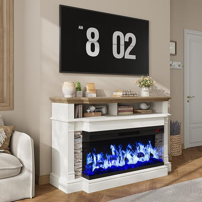 QUW Fireplace TV Stand for TVs up to 65", Farmhouse 52" Fireplace Entertainment Center with 36" 3-Side Glass Electric Fireplace, TV Console with Open Storage Shelves for Living Room, Antique White