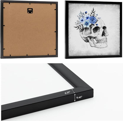 KREATIVE ARTS 4-Piece Gothic Skull Canvas Wall Art Set with Black Frame, 12x12 Each, Grey and Blue Floral Skeleton Anatomy Prints Framed Artwork Ready to Hang