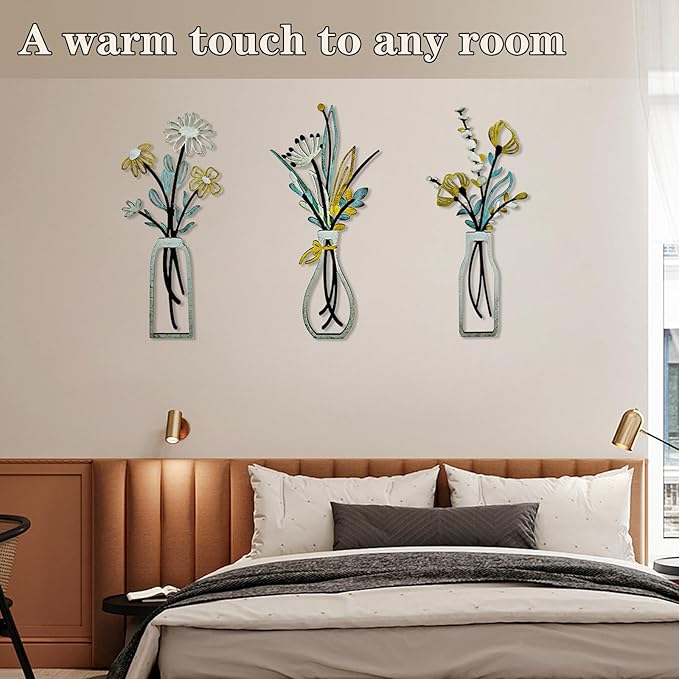 3-Piece Boho Wooden Vase Wall Art: Floral Decor for Modern Farmhouse Living Room, Bedroom & Bathroom