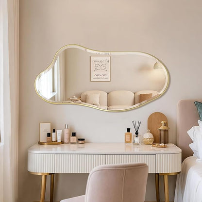 POZINO Irregular Beveled Mirror, 40"x20" Premium Asymmetrical Mirror with Gold Metal Frame, Modern Organic Shaped Mirrors for Living Room Bathroom Bedroom Hallway Entryway, Horizontal/Vertical Hanging