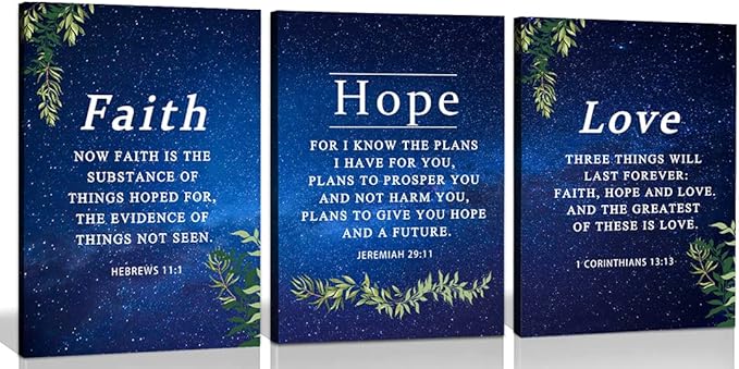 Faith & Hope Bible Verse Wall Art - Christian Canvas Wall Art, Religious Decor Gift for Living Room & Bedroom (29 x 38cm x 3pcs) Framed Starry Sky