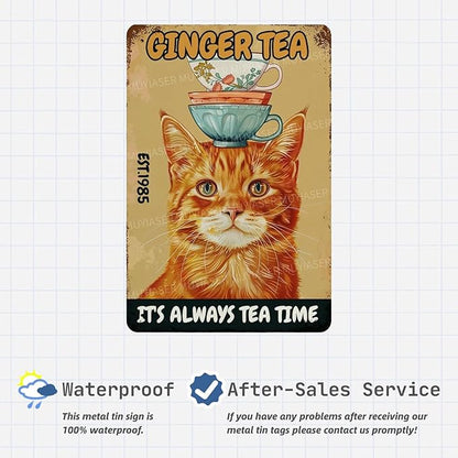 Metal Signs Ginger Tea Cat Vintage Signs Retro Aluminum Tin Sign for Toilet Washroom Garden Home Bar Cafe Decor 8x12 Inch