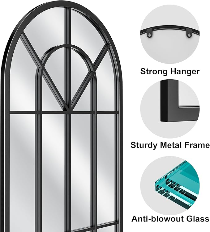 OGCAU Full Length Mirror, 65"x22" Arched Window Floor Length Mirror, Hanging or Leaning, Full Body with Iron Frame, Window Pane Wall Mounted Home Decor for Bedroom Living Room (Black)