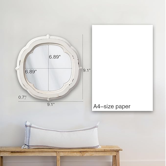 Rustic Wooden Round Bathroom Mirror 9.1 inch, Hanging Distressed White Vintage Small Wall Mirror Decor, Farmhouse Decorative Porthole Mirrors for Hallway Bedroom Entryway Vanity