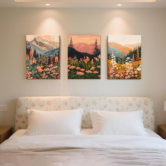 ICHZUMW Boho Mountain Wall Decor, Colorful Nature Abstract Landscapes Wildflower Canvas Wall Art, Daisy Painting Artwork for Living Room Bedroom Office, Wrapped Canvas, Ready to Hang, 16x24in 3Pcs