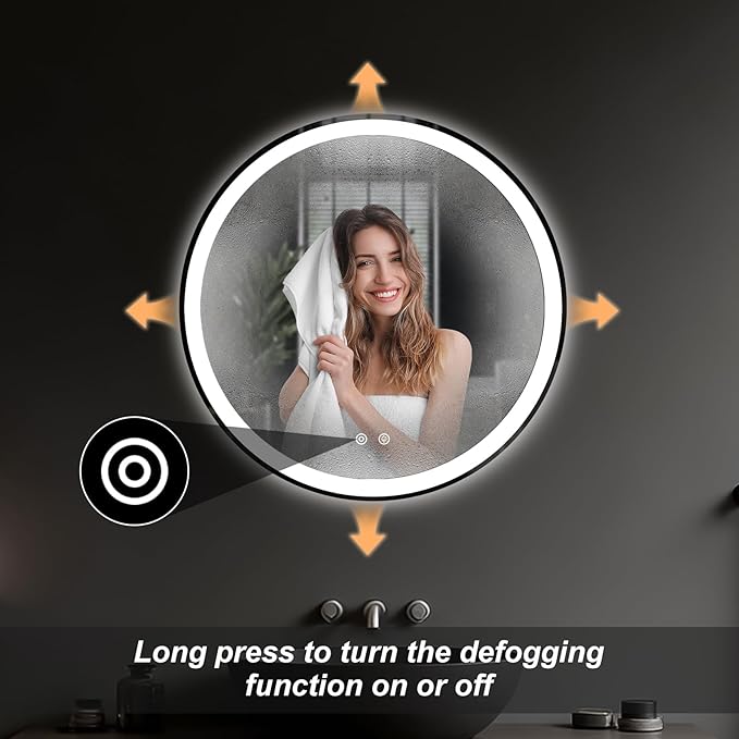 NEWBULIG 24 Inch Round LED Bathroom Wall Mirror with Lights, Light up Vanity Bathroom Mirror for Over Sink, Anti-Fog and Dimmable, Front Light and Backlit, Memory Function, Shatter-Proof, White