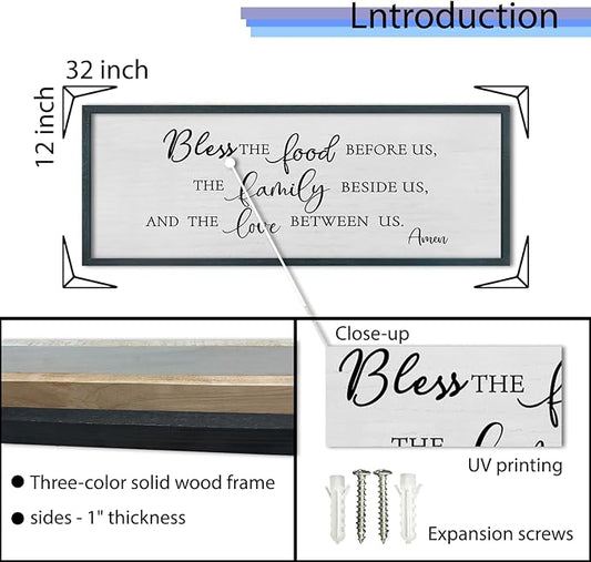 FZMHASLWW Dining Room Wall Decor Christian Blessing Bless the Food Family Love Bible Verse Sign 32"×12" Farmhouse Scripture Prayer for Religious Kitchen Rustic Framed Wall Hanging Art (Black)
