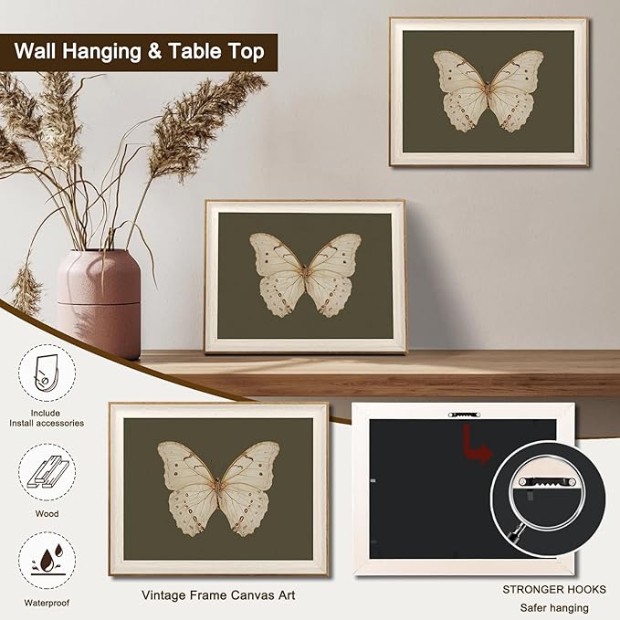 Uniro Vintage Framed Wall Art, Classical Butterfly Oil Paintings, Dark Moody Insect Canvas Prints Artwork with Antique Frame, Saige Green Wall Decor Pictures for Bedroom, Kitchen, Shelf, Bathroom Wall Decor, Cottagecore Room Decor - 12x16Inch