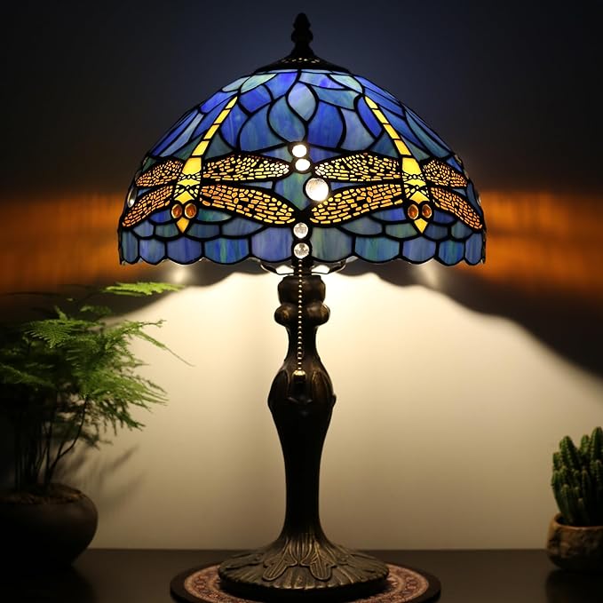 Tiffany Lamp Stained Glass Table Lamp 12 x 19” Bedside Reading Lamp Blue Dragonfly Style Decorative Lamp for Desk Living Room Bedroom Office Study Light Decor Gift