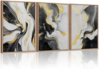 HLNIUC Abstract Minmalist Wall Art,Flow Marble Wall Art,Black White Gold Artwork,Modern Neutral Framed Decor Textured,Luxury Artwork Canvas,Marble Line Prints for Living Room Bedroom Office16x24x3
