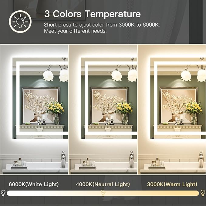 Briivue 48x40 Inch LED Bathroom Mirror with Lights, Backlit & Front Lit, Anti-Fog Lighted Bathroom Vanity Mirror for Wall, Memory Function, Dimmable, HD Tempered Glass, Shatter-Proof