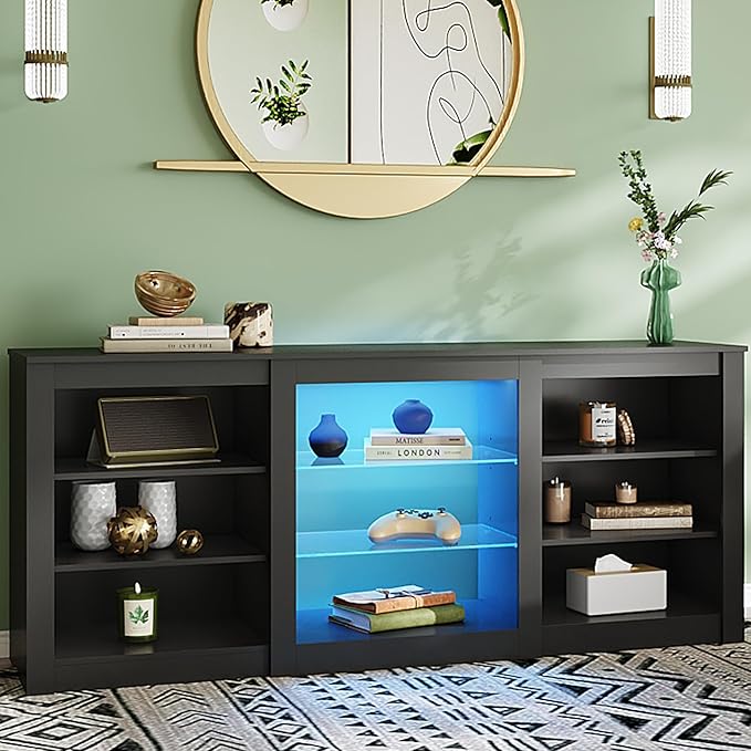 WLIVE Modern TV Stand for 65 Inch TV, Entertainment Center with Adjustable Open Shelves & RGB LED Lights, Sturdy Media Console for Living Room, Bedroom,Gaming (Black)
